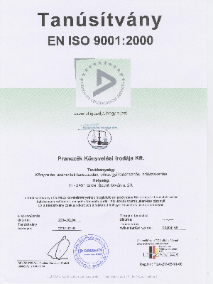 A Pranczék Könyvelési Irodája KFT ISO minősítése